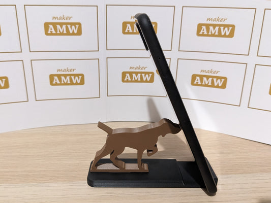Vizsla phone holder holding up a mobile phone.